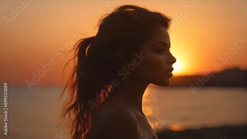 Portrait of a silhouette of a full body woman against a warm romantic sunset, generative AI, background image