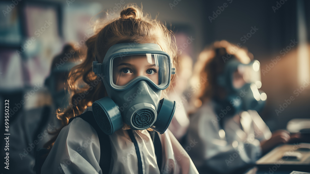 Cute little girl in respirator looking at camera during science class Cute little girl in respirator looking at camera during science class
