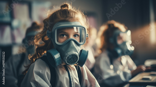 Cute little girl in respirator looking at camera during science class