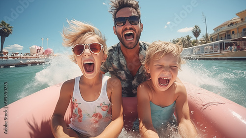 Happy family having fun on an inflatable boat at amusement park. photo