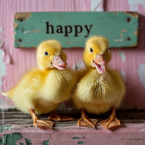 two little ducklings standing in front of a green board with the word "happy". Surreal Valentine concept. Lifestyle. Generative AI © Miss V
