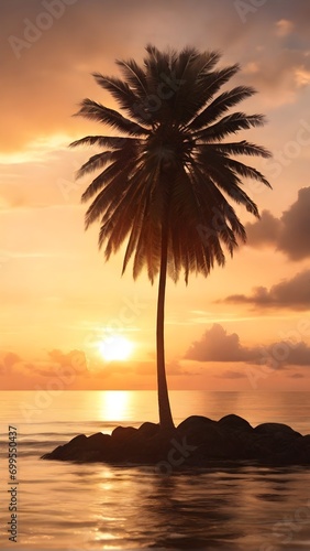 Silhouette of a coconut tree against a warm romantic sunset, generative AI, background image
