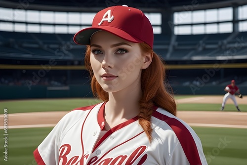 Portrait of a red hair white female in baseball player uniform, generative AI, background image © Hifzhan Graphics
