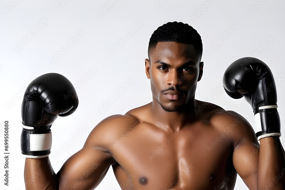 Portrait of a black male boxer on action against white background with space for text, generative AI, background image