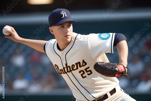 Portrait of a young white male wearing baseball player uniform in action, generative AI, background image