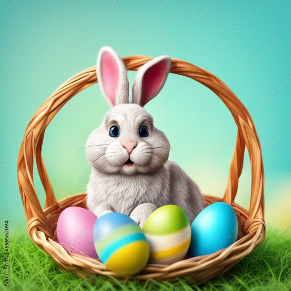 Easter Bunny in the woven basket with eggs in different colors. Cute rabbit with pink, blue, and colorful pattern egg holiday spirit. Easter Bunny in the woven basket with eggs in different colors. Cute rabbit with pink, blue, and colorful pattern egg holiday spirit.