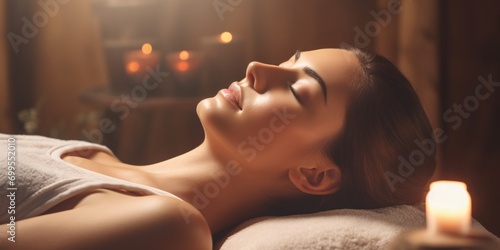 Gorgeous woman indulging in spa services, reclining on massage table with shut lids, receiving skin pampering for wellness.