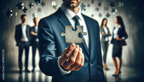 businessman holding peice of puzzle,group of peoples is blurry background photo