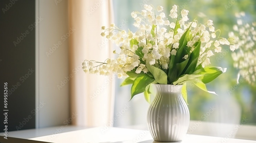 Beautiful lily of the valley bouquet stands in a vase near the window. Copy space