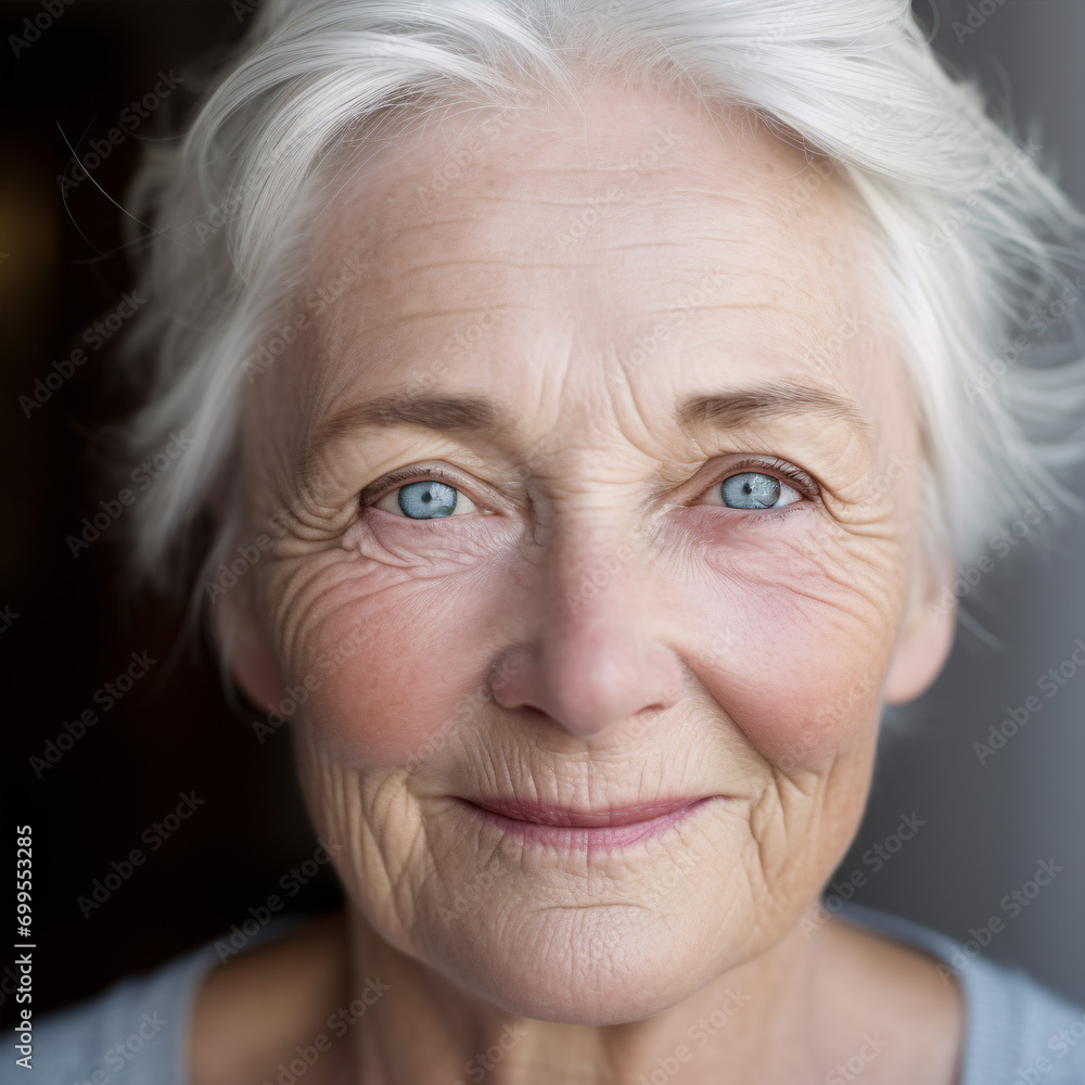 A graceful, mature lady with delightful grey hair, blue eyes and a sunny disposition grins beguilingly as the camera zooms in. A graceful, mature lady with delightful grey hair, blue eyes and a sunny disposition grins beguilingly as the camera zooms in.