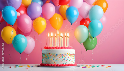 birthday cake with candles and balloons. Ai generative photo