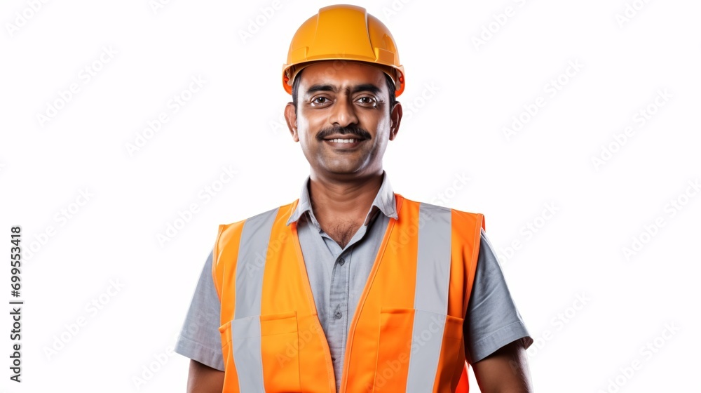 Smiling contractor or architect in India, posed in safety gear for project planning. Smiling contractor or architect in India, posed in safety gear for project planning.