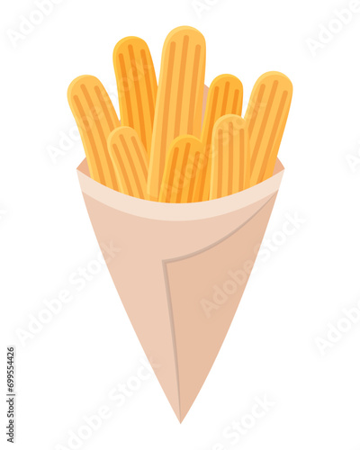 Churros in paper wrap. Traditional Mexican cuisine. Vector illustration.