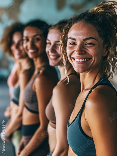 A group of athletic women joyfully practicing yoga in a fitness center.