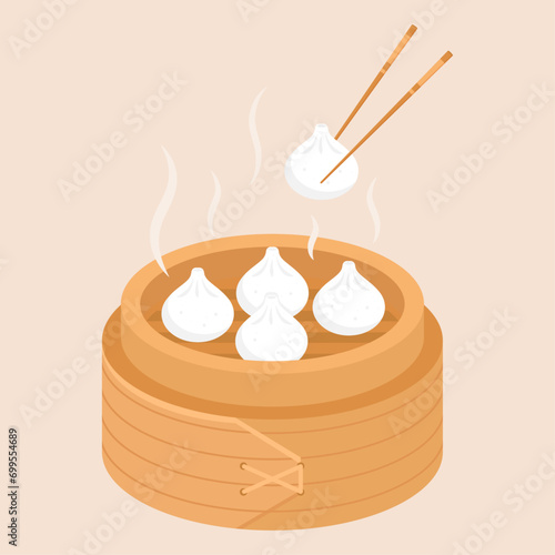 Photography Dimsam, traditional Chinese dumplings, in a bamboo basket with chopsticks