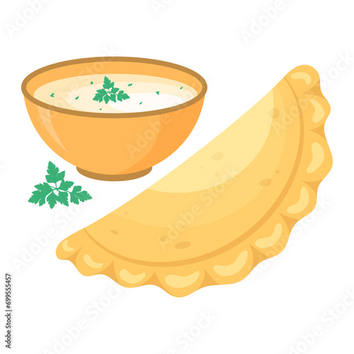 Mexican empanada with sauce. Traditional popular mexican food. Latin American national dish. Vector illustration.