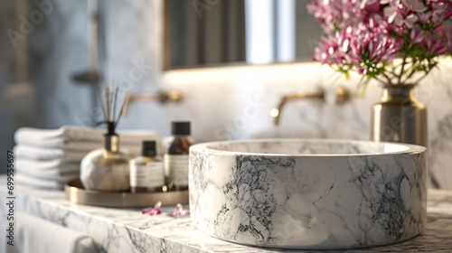 Display luxurious bathing products on a blurred bathroom backdrop with a marble stand.
