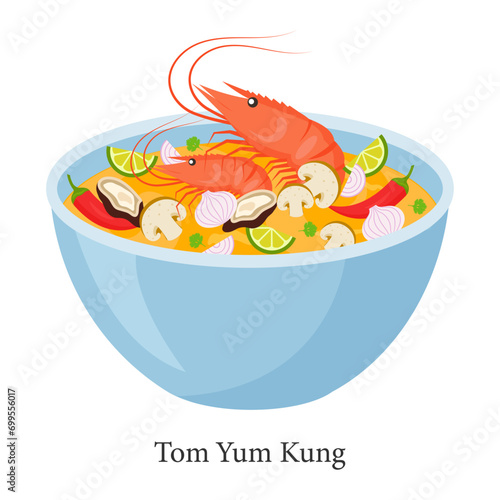 Tom yum kung Thai spicy soup. Vector illustration.