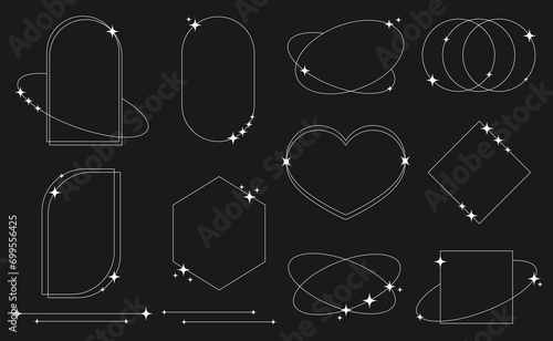 Set of white geometric aesthetic abstract line frames and shapes with stars boho, brutalism, Y2K style. Geometric elements with sparkles for template design social media, poster, banner, logo, sticker