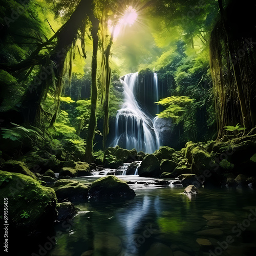 A serene waterfall in a lush green forest. © Cao