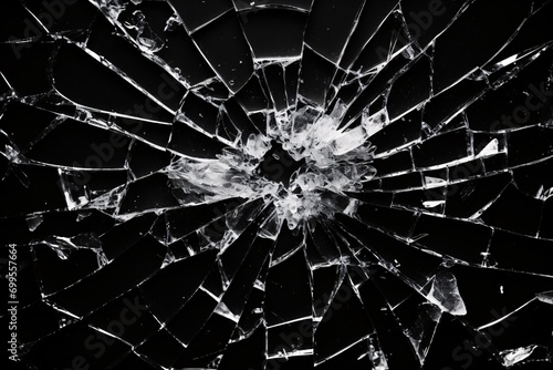 Abstract black background with shattered fragments of broken glass.