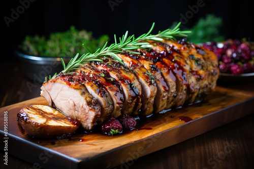 Roasted pork loin with cranberry and rosemary photo