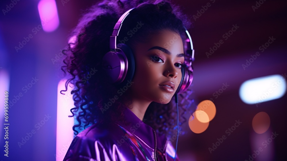 Trendy African American teen model with headphones, grooving to DJ beats in purple neon lights.