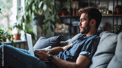 A guy unwinds on the sofa, savoring a break from work or a free day, as he lounges on a cozy couch with his laptop, relishing some peaceful alone time at home.