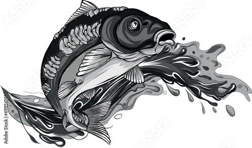 monochromatic illustration of carp with splashing water