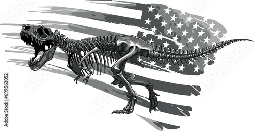 monochromatic tyrannosaurus rex skeleton with american flag