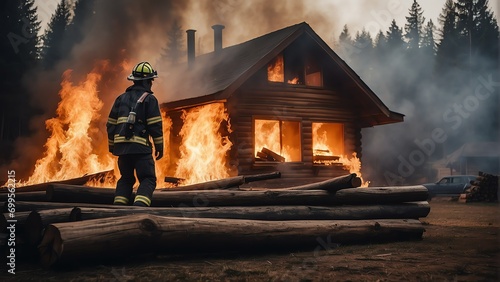 Firefighter in uniform and helmet on burning log cabin house background from Generative AI