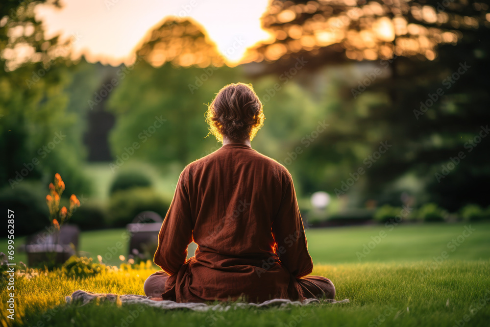 Fototapeta premium Person Meditating in Tranquil Sunset Park.