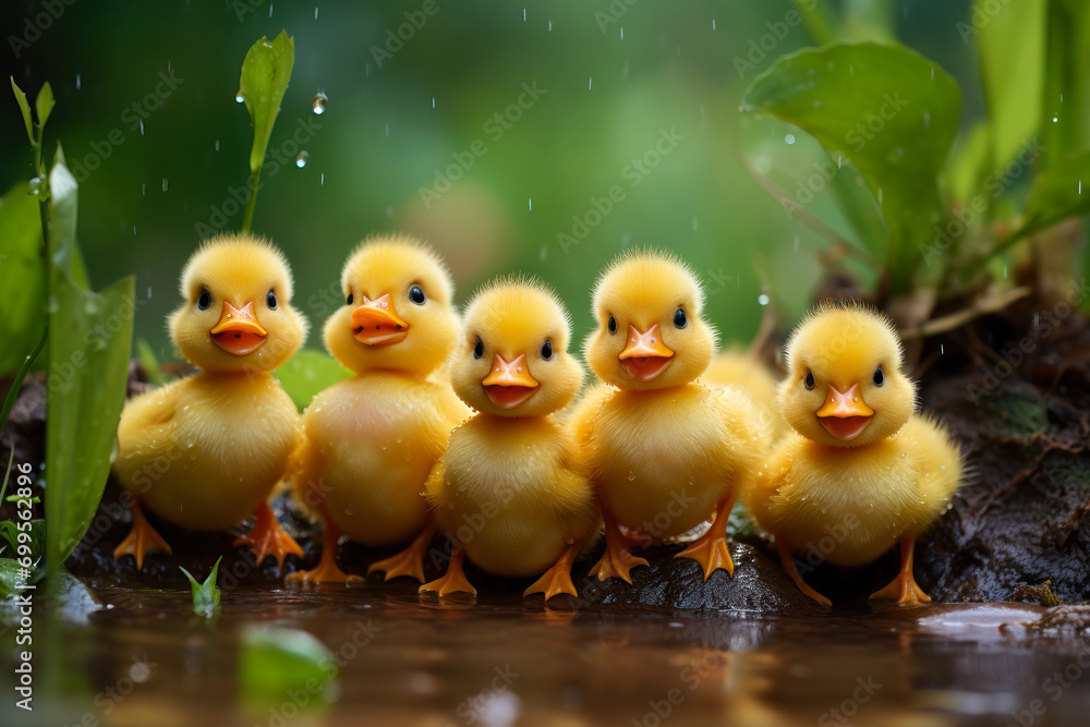 Group of Ducklings Enjoying Rain Together. Group of Ducklings Enjoying Rain Together.