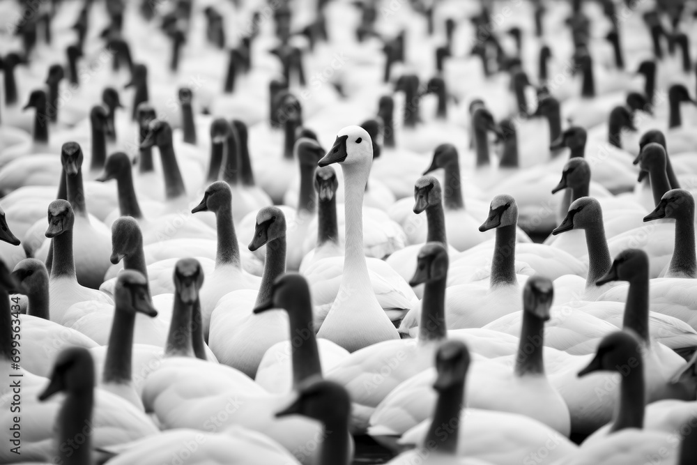Fototapeta premium Gathering of Swans Looking Skyward in Monochrome.