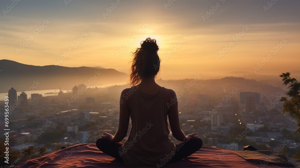 Woman meditating with beautiful city view. Woman silhouette meditating at sunset. Yoga in sunset.