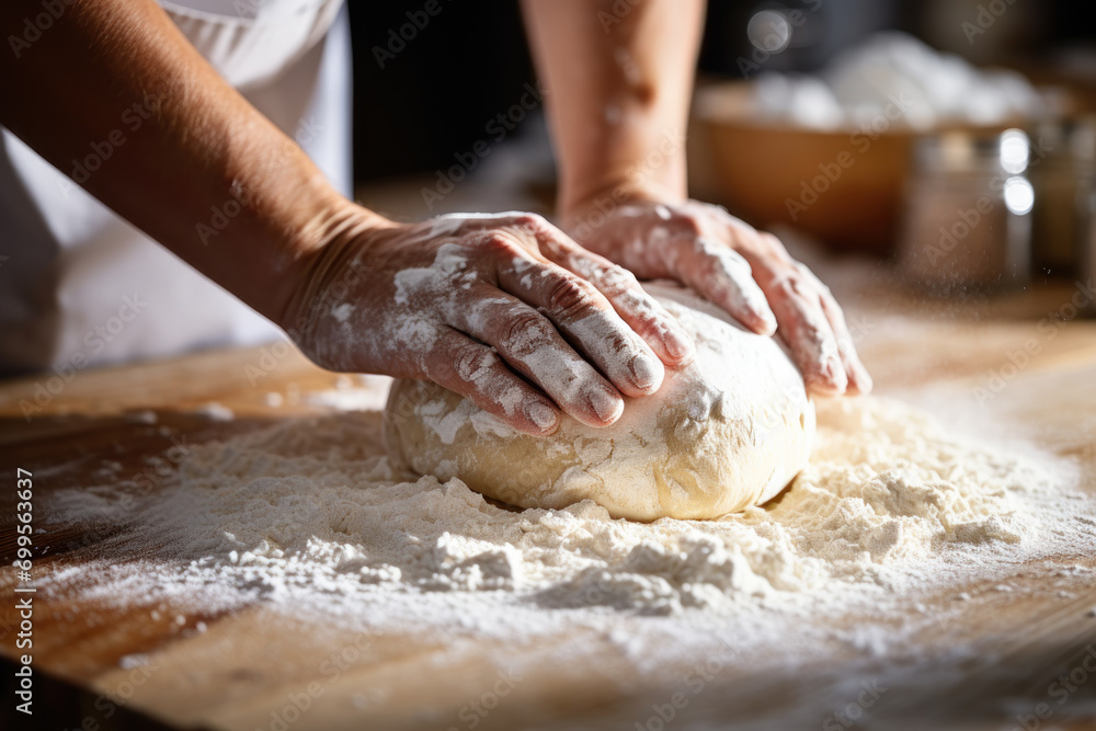 Baker's Hands Kneading Dough on Wooden Table.