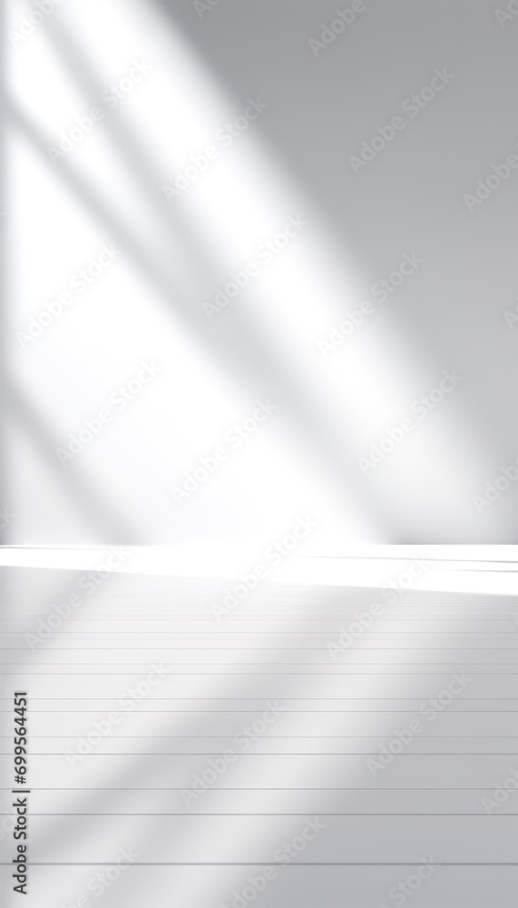 Naklejka premium Empty room with white wall. Isolated white wall for product photos. Empty interior with shadows.