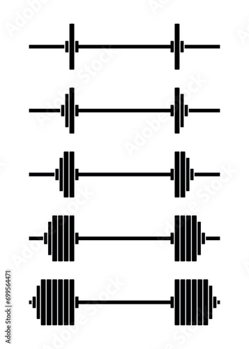 Barbell icons set. Symbol of strength or training. An attribute of sport, achievement, or athlete.