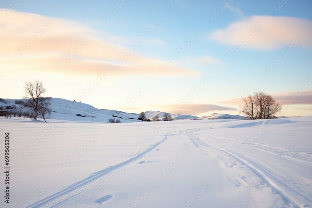 serene snow path with distant hill silhouettes serene snow path with distant hill silhouettes