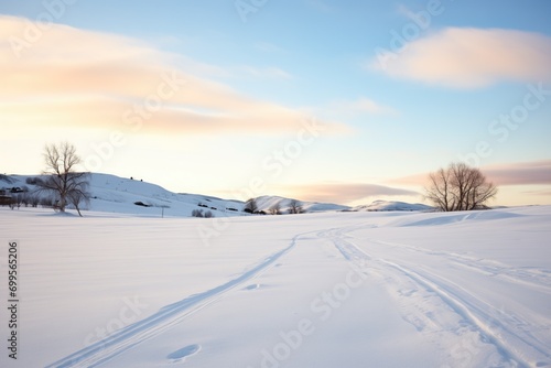 serene snow path with distant hill silhouettes