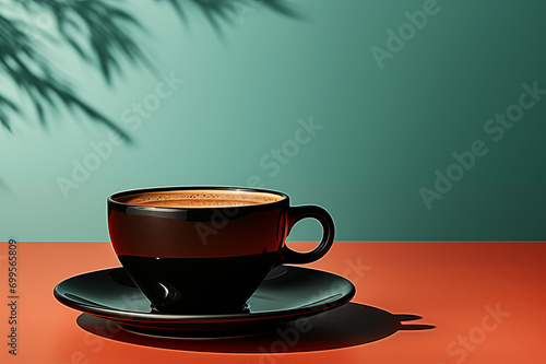 Black cup of coffee on teal background 