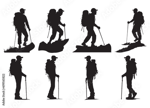 Silhouettes of climbers. Isolated hiker on white background.mountain hiker silhouette set.