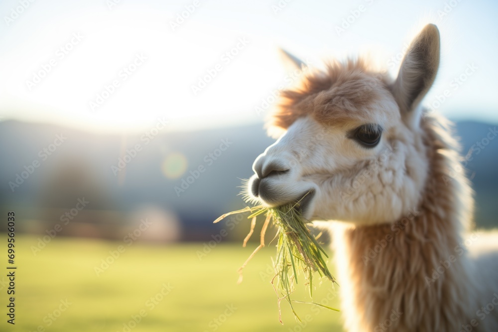 Obraz premium alpaca chewing calmly, sunlit hill in background