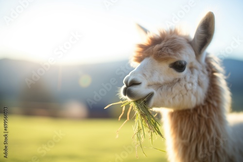 alpaca chewing calmly  sunlit hill in background