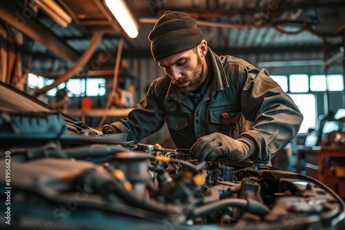 Precision Craftsmanship: Expert Mechanic Revitalizing a Car with Skillful Hands in the Heart of Automotive Excellence.