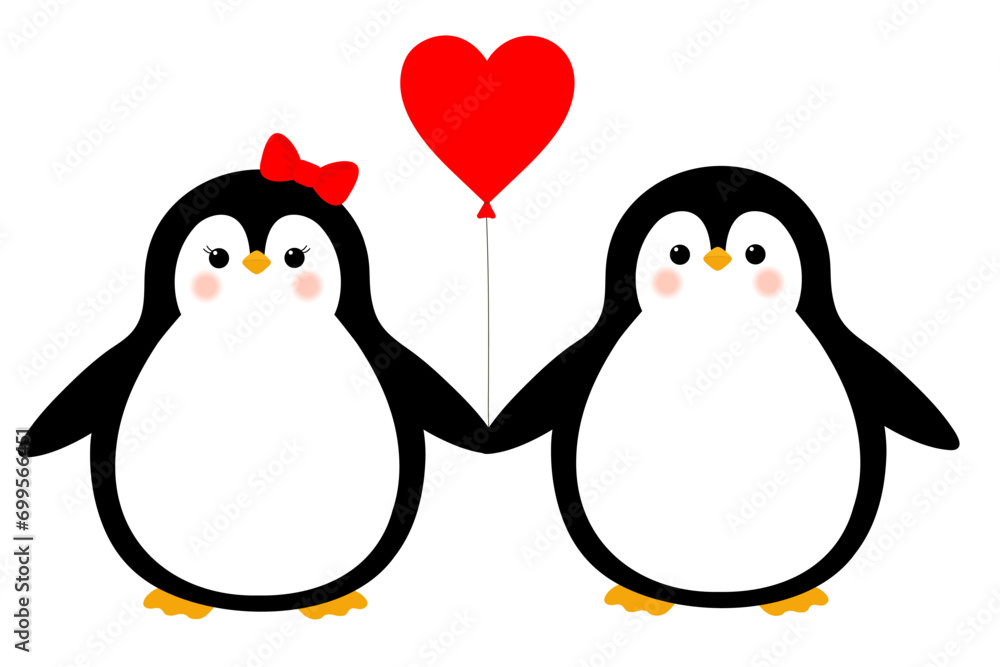 Fototapeta premium Cute cartoon pair of penguins in love isolated on white background. Valentine card. 