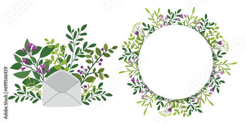 A set with envelope and flower frame on a white background. Flat illustration design.