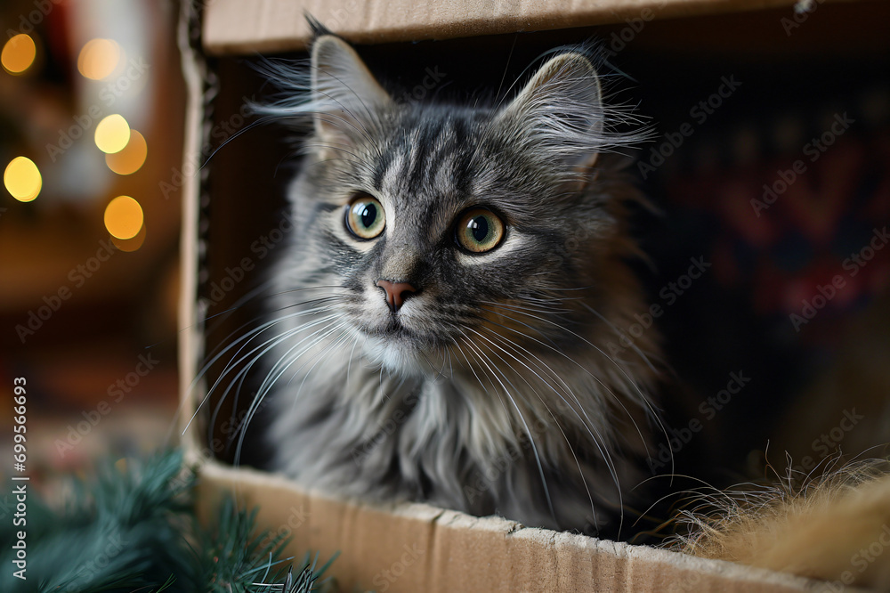 Cute fluffy grey cat sitting inside cardboard box looking up 