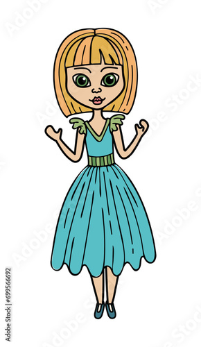 Cartoon woman hand drawn flat illustration. Cute girl in evening dress.