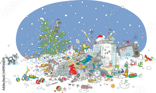 Green fir tree decorated with toys, balls and garlands among home rubbish and empty wine bottles on snow after merry and noisy winter holidays, vector cartoon illustration